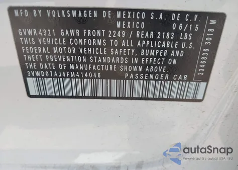 2015 Volkswagen Jetta 1.8T Se from USA, damaged, VIN 3VWD07AJ4FM414046